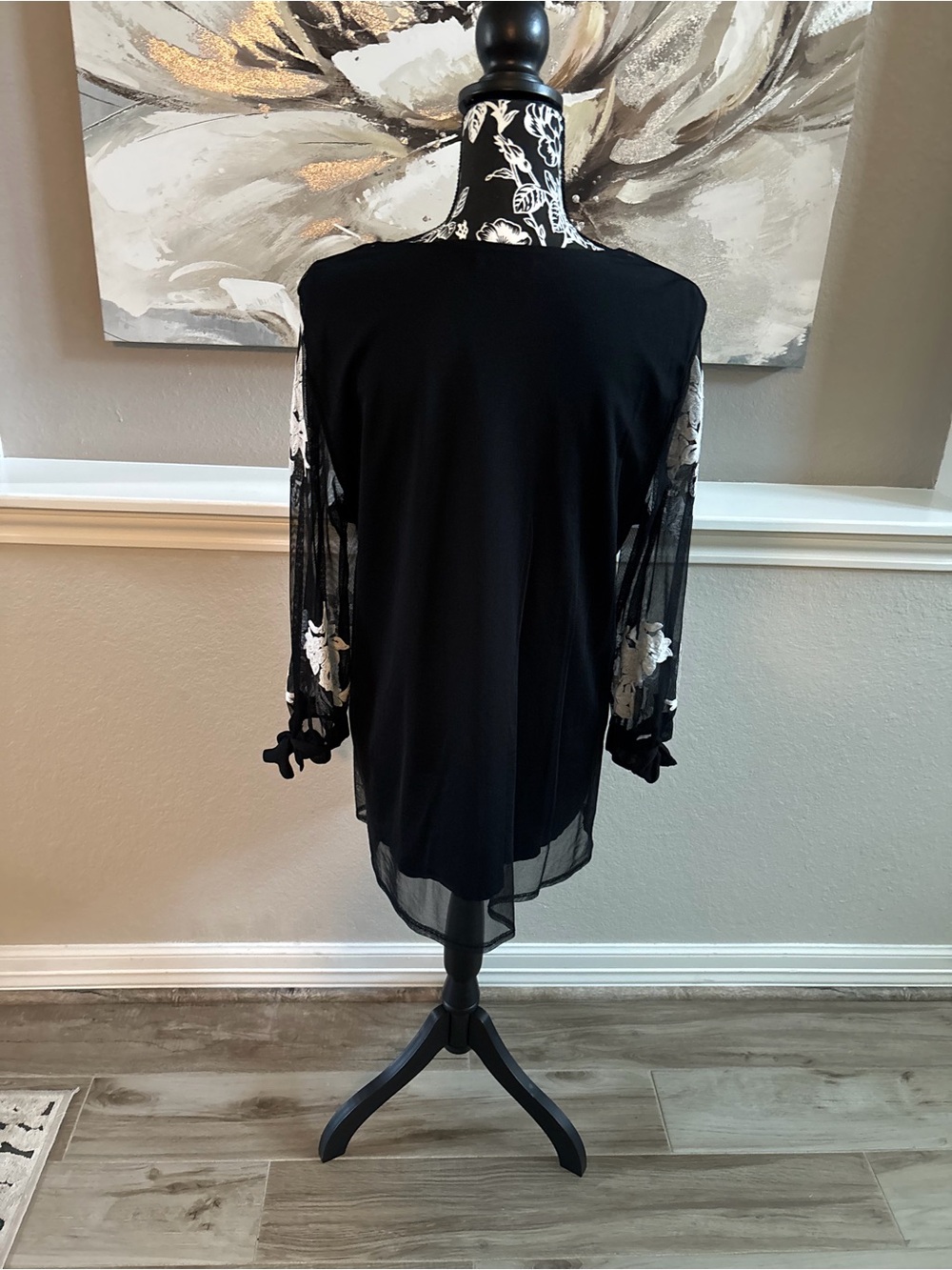 Alfani Black Mesh Blouse with White Floral Embroidery - Picture 2 of 3
